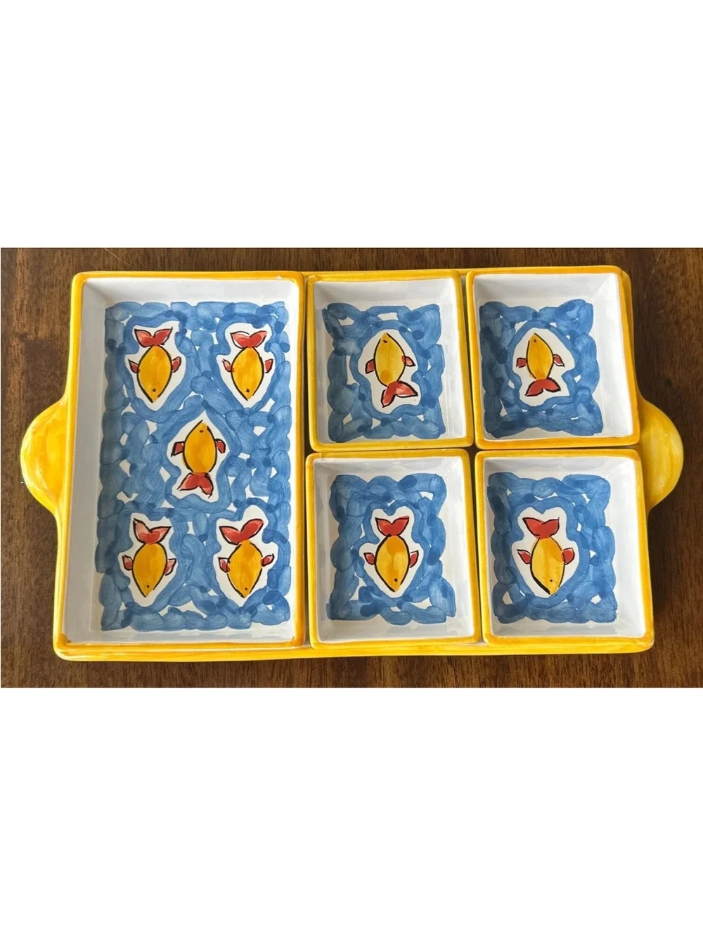 Handpainted Ceramic Fish Serving Tray in Yellow and Blue